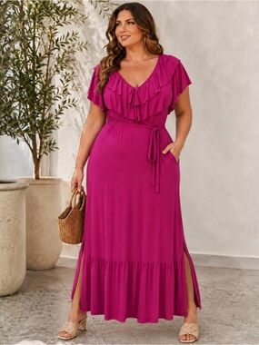 Cato Plus Size 14/16W Magenta Ruffle V-Neck Maxi Dress Pockets Side Slits